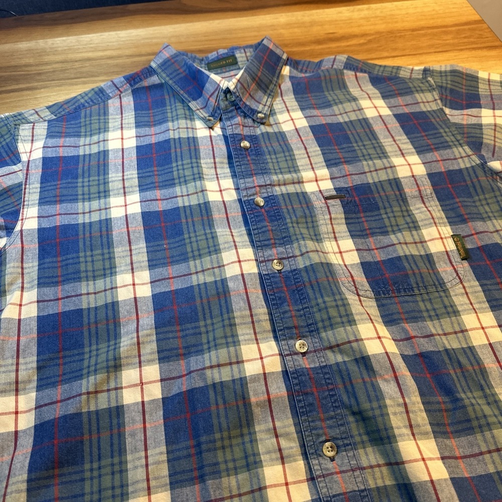 Timberland Mens Flannel Shirt Plaid Short Sleeve Button Up Blue Rugged Fit XL